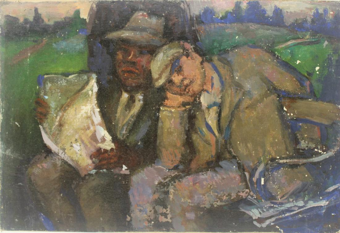 Unsigned WPA Style Oil On Board "Park Bench": From a Larchmont NY storage. - Dimensions: 18" x 12"