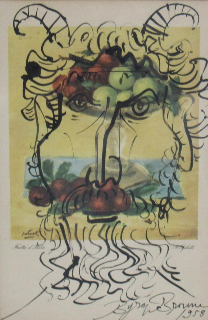 Byron Browne "Satyr": Ink wash over print. Signed lower right and dated 1958. From a Larchmont, NY storage. - Dimensions: 9.5"x6.5"; 15"x11"