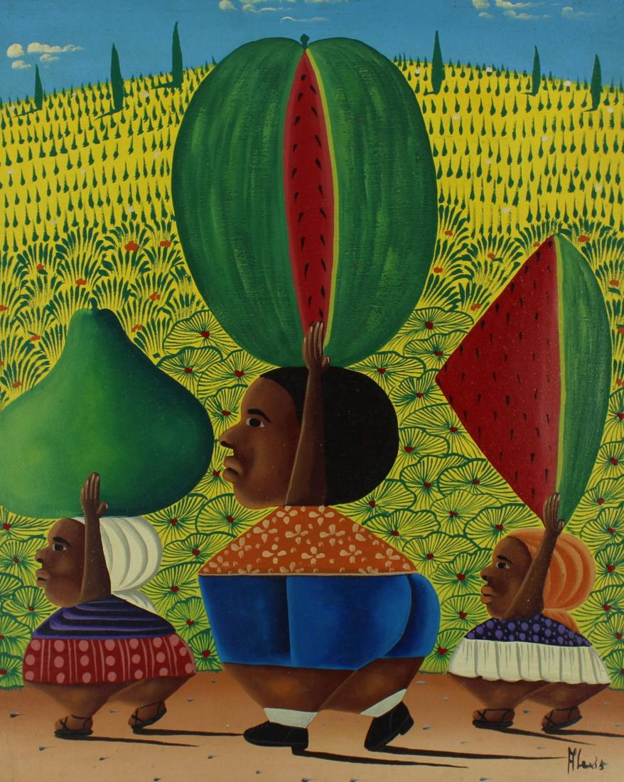 Alexis Signed Oil on Canvas Figures Holding Fruit (1 of 4)