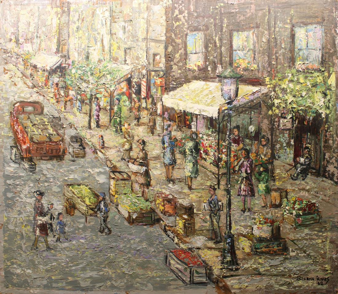 Ricardo Rivas Oil On Masonite Cityscape: Signed lr rt. From a Harrison NY estate. - Dimensions: 27" x 28"