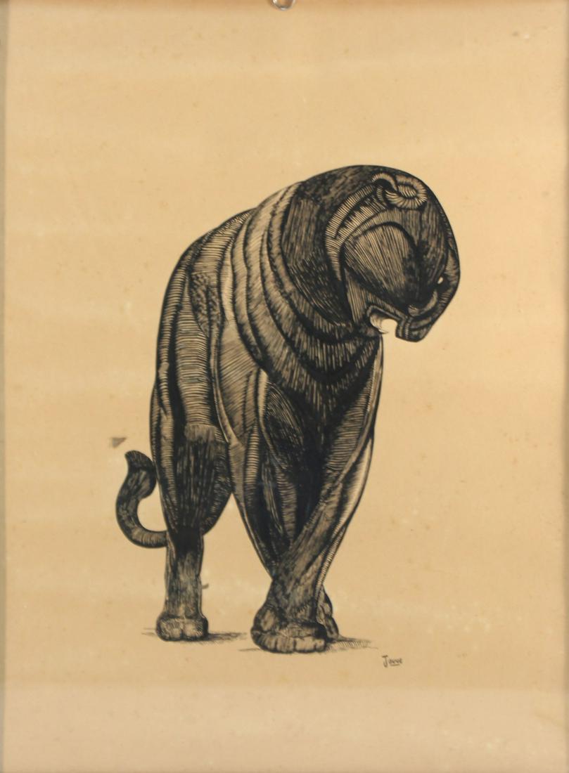 PAUL JOUVE (FRENCH, 1878-1973).: Print. Jaguar. Signed in plate lower right. From a Brooklyn, NY collection. - Dimensions: 23" high x 17" wide