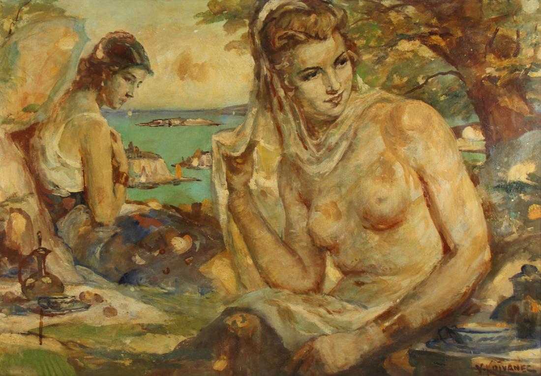 VLASTIMIL KOSVANEC (CZECH, 1887-1961).: Oil on board. Seaside Scene. Signed lower right. Artist's label verso. Frank Galleries stamp verso. From a New York, NY collection. - Dimensions: 27" high x 38.5" wide