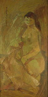 JAMIL NAQSH (PAKISTANI, 1939-2019).: Oil on masonite. &quot;The Sitting Nude&quot;. Signed upper left. Painting verso by another hand. From a Pelham, NY collection. The authenticity of this painting has been confirmed by Mona Naqsh, the