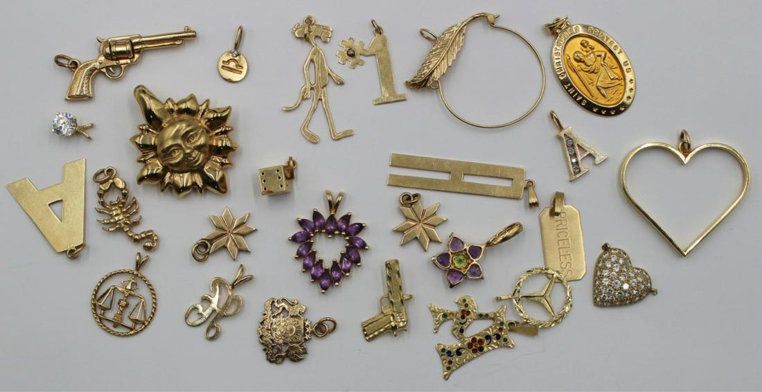 JEWELRY. (26) Assorted 14kt and 18kt Gold Charms.: Including an 18kt yellow gold open heart - stamped, "18K"; an 18kt yellow gold heart with flush set diamonds - stamped, "18K"; (3)14kt yellow gold "A" charms - stamped, &