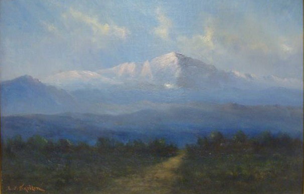 SKELTON, L.J. O/C "Dawn in Pikes Peak Colorado": Signed lower left. Leslie James Skelton, American, born Montreal, lived in and active in Colorado from the mid 1880's, 1848-1929. Many of his landscapes were reproduced as postcards. We believe that o