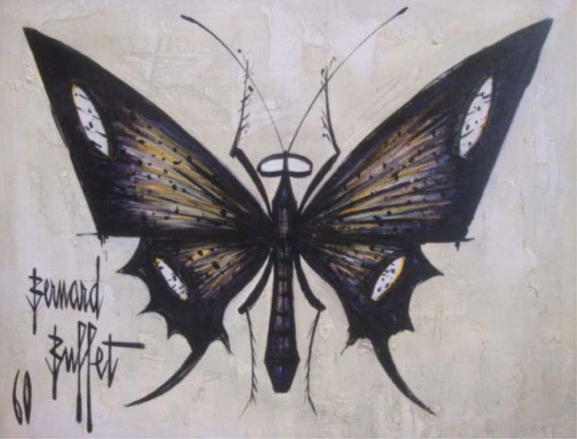 DE HORY, Elmyr after Bernard Buffet. Oil on Canvas: Butterfly. Remnants of French label verso. From a Harrison, NY home. Dimensions: 21" high x 25.25" wide.