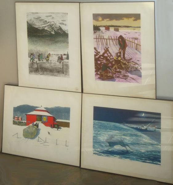 KURELEK, William. 4 Signed Color Lithographs.: All pencil signed lower right and marked edition 5/50. "Snow Fall Ending on Quebec Ontario Boarder," "Evening Chore in the Mountains," "Children School Bound in Northern B.C.," and "A Prairie Winter N