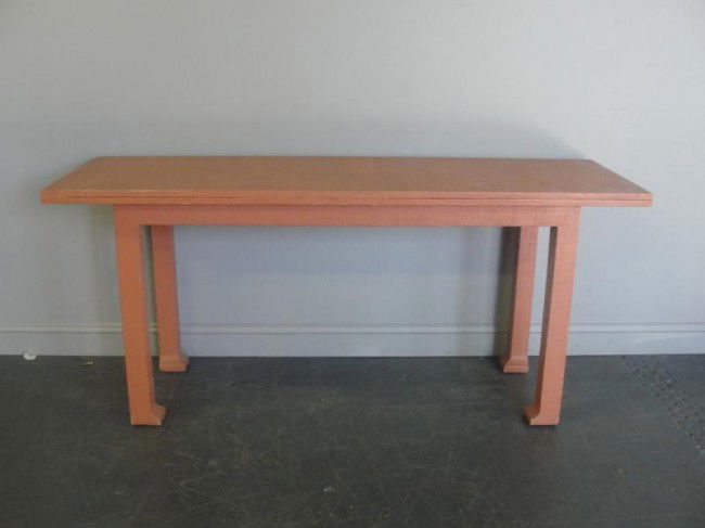 Karl Springer. Flip Top Console Table.: Rare format with the fabric finish in pink. From a Tudor City NYC estate.