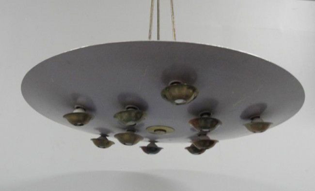 GINO SARFATTI / ARTELUCE. Chandelier.: Dimensions: 38" dia. Was found in working order in Grammercy Park NYC estate. This chandelier is signed ARTELUCE MADE IN ITALY on center brass.O