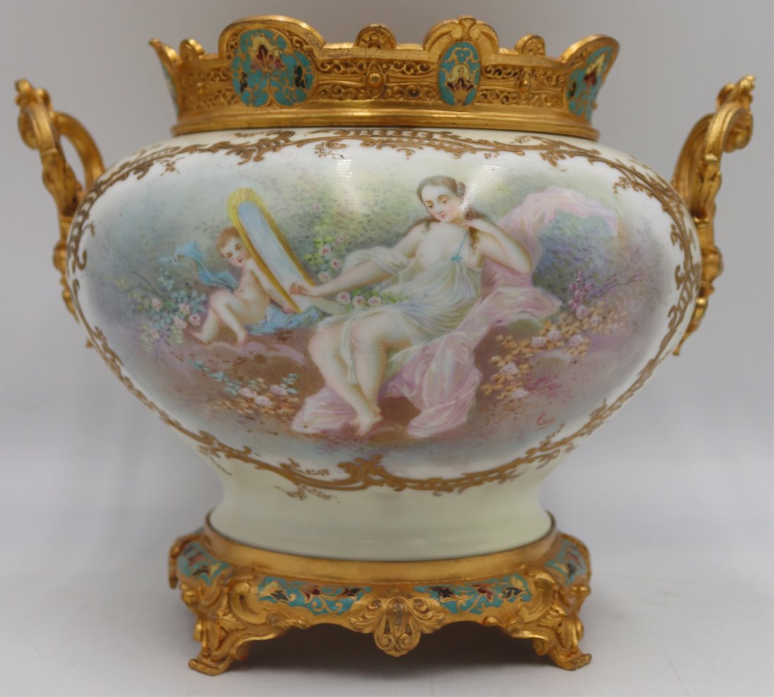 Signed Painted Porcelain and Champleve Urn. (1 of 10)