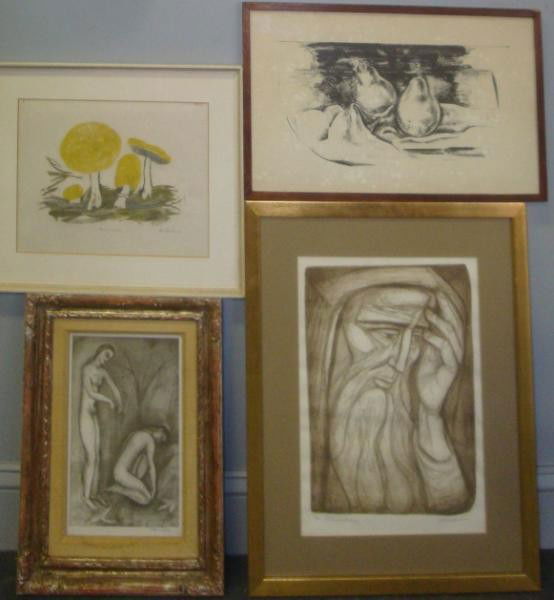 4 Signed Prints. WEBER, Max (2); AMEN, Irving (1);: Unknown (1). Max Weber (2)- one still life lithograph, pencil signed lower right, dimensions: 7" high x 15.25" wide, condition: bleach (?) spots throughout, not examined out of frame; one print with 2