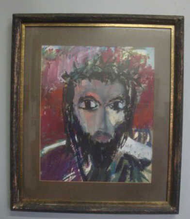 Unsigned? Style of Rouault Gouache of Christ?: Dimensions: 17" high x 14" wide. Condition: Had been out of frame, small tear under mat, needs to be rematted and properly hung.