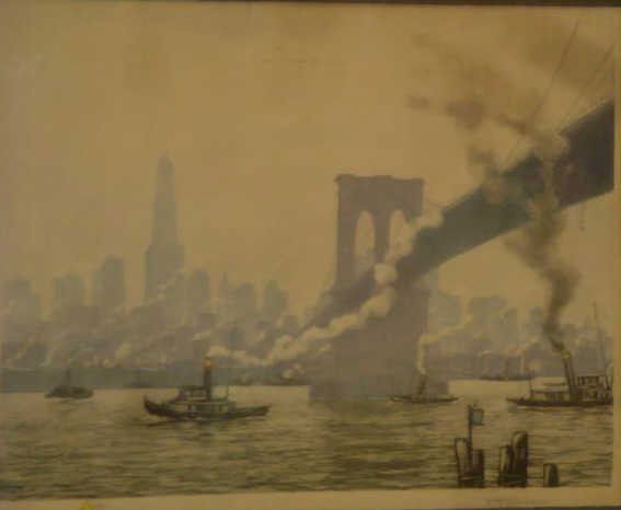 SIMON, T.F. Color Aquatint of Brooklyn Bridge and E: River. Frantisek Simon-Tavik, Czech, Active in New York in mid-1920's, 1877-1942. From a Westchester home. Dimensions: 12.6" x 16.5."