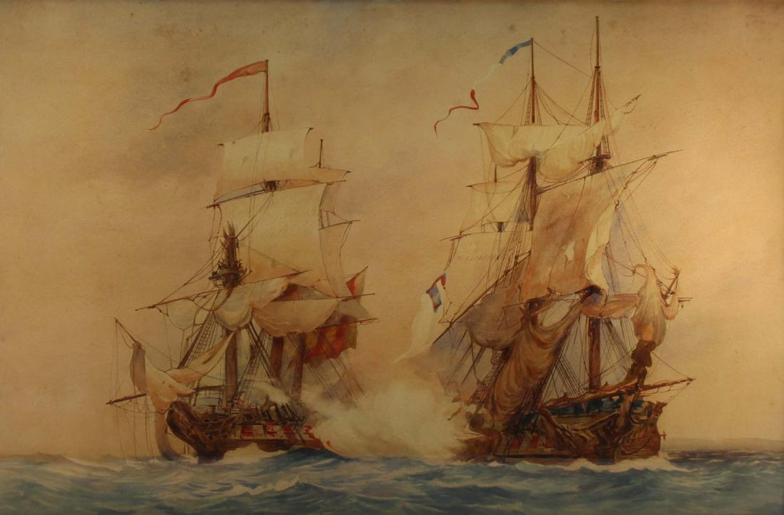 BRITISH SCHOOL (19TH/20TH CENTURY).: Watercolor. Maritime Battle Scene. From a New York, NY collection. - Dimensions: 26.5" high x 39.5" wide