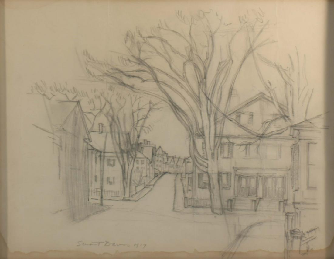 STUART DAVIS (AMERICAN, 1892-1964).: Pencil on paper. Village Scene. 1917. Signed and dated lower right. From a New York collection. - Dimensions: Sight: 14.5" high x 18" wide