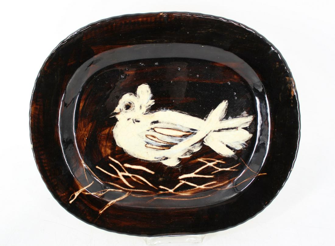 Pablo Picasso (1881-1973, Spanish) Madoura.: Dove On Straw, A.R White earthenware clay, decoration in engobes, knife engraved, white enamel brushed under glaze. Marked "Madoura / CR (*) / D'apres Picasso 1175" verso. From a Mt. Kisco, 