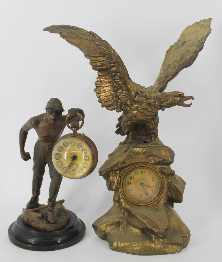 2 Antique Gilt Metal Figural Clocks. (1 of 13)