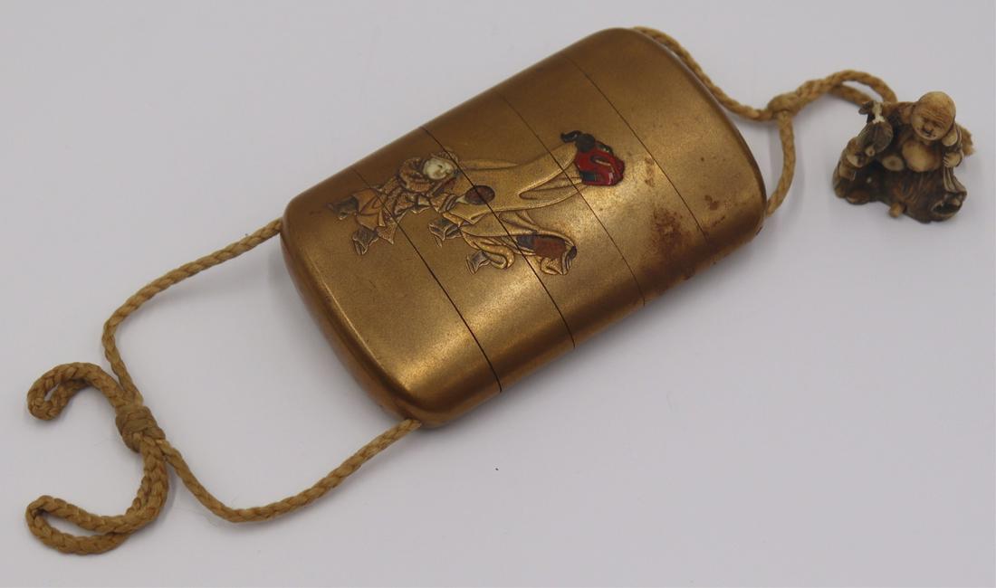 Signed Japanese Inlaid Inro with Figures.: Signed Japanese Inro with one side depicting a rickshaw with rider and driver, and the alternate side depicting a foo dog puppet with multiple puppeteers. Various inlaid pendants - many missing. Signe