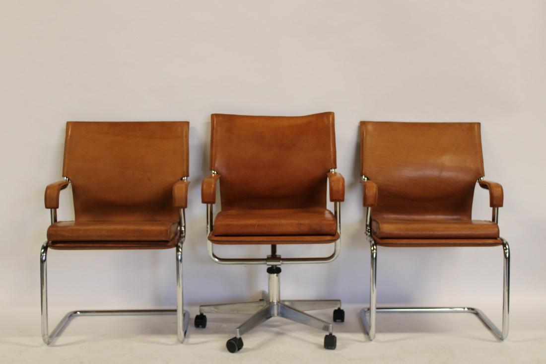 3 Midcentury Chrome And Tan Leather Chairs. (1 of 7)