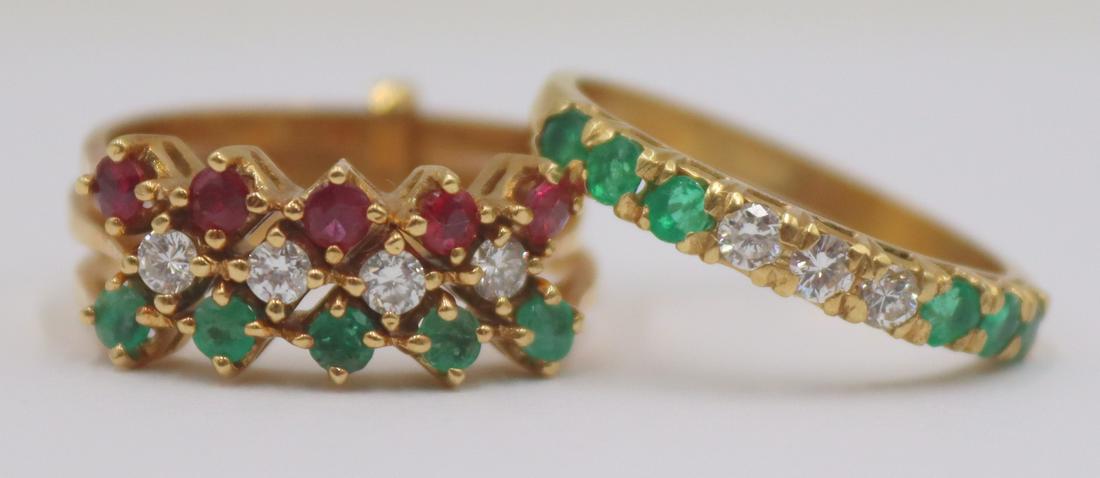 JEWELRY. (2) 18kt Gold, Diamond and Colored Gem: Rings. Includes an 18kt yellow gold band with rows of (3) round faceted emeralds flanked a central panel of (3) round brilliant cut diamonds - stamped, "750" to interior of band, ring size -