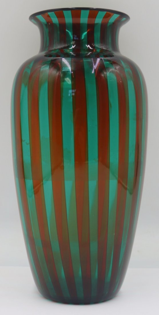 Signed VeArt Murano Glass Striped Vase.: Signed Murano glass red and green striped vase. Etched signature to underside, "VeArt Venezia". From an Oley, PA estate. Dimensions: vase measures approx. 11.375" high.