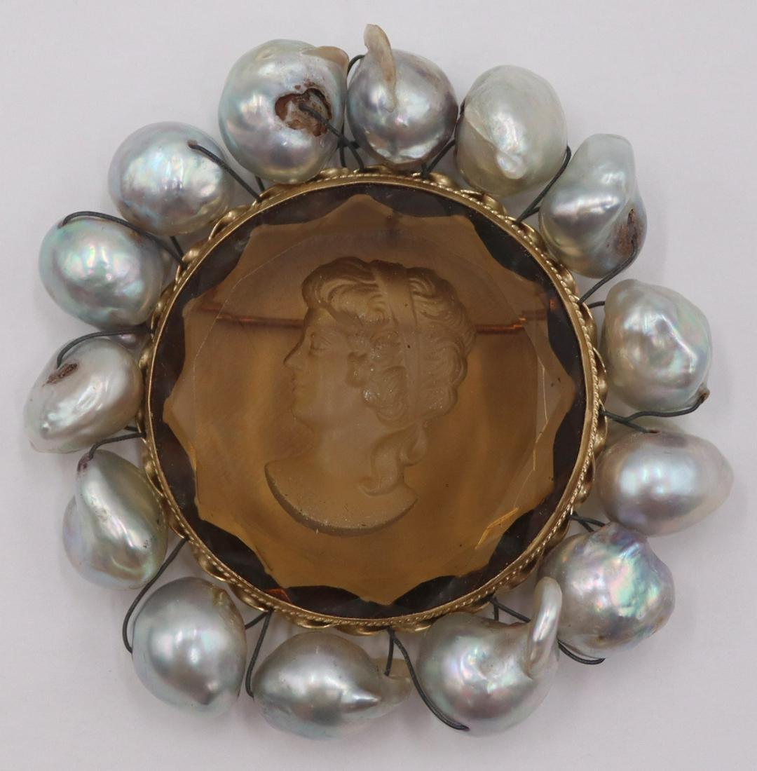 JEWELRY. 14kt Gold, Intaglio and Pearl Brooch. (1 of 9)