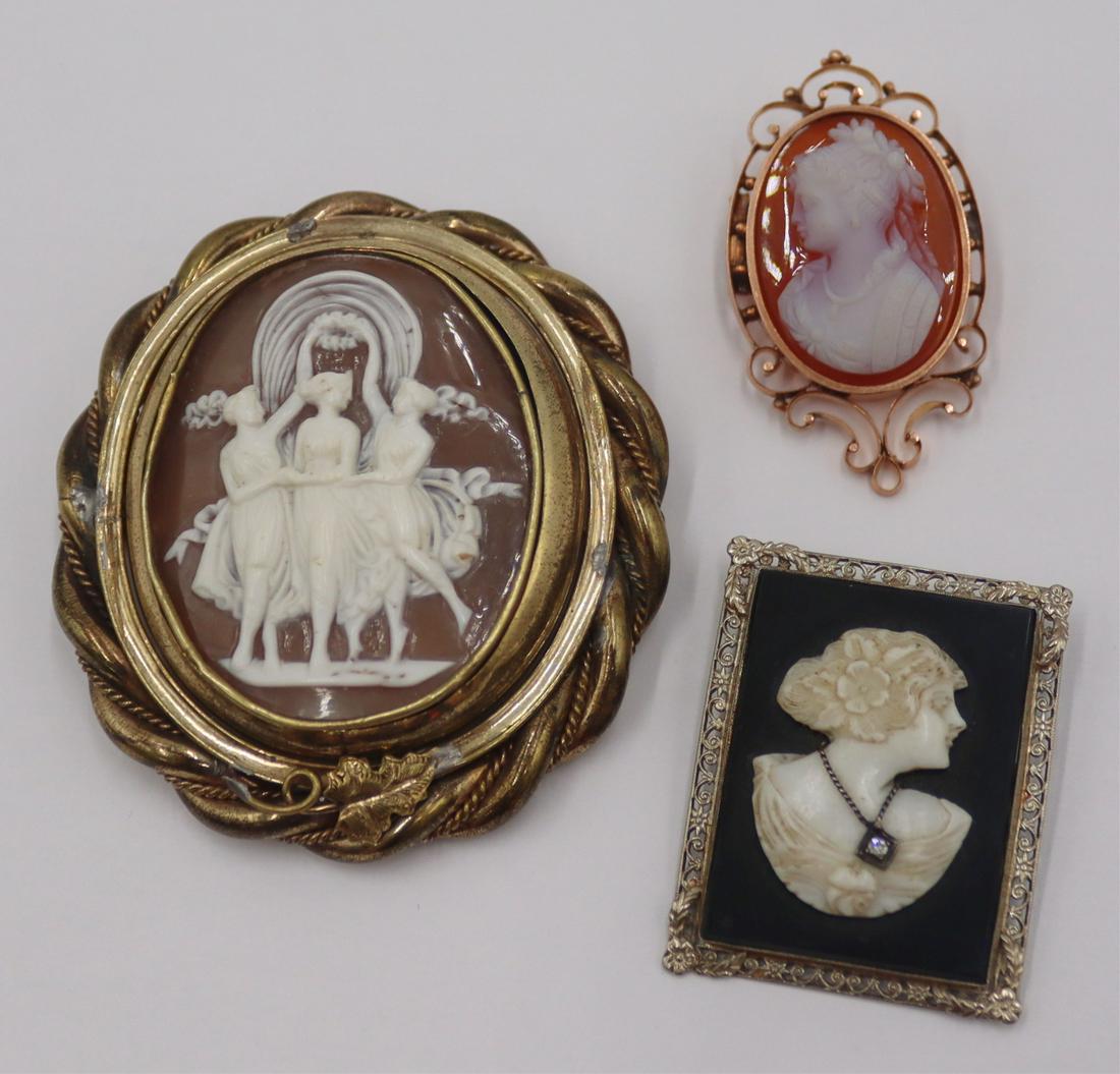 JEWELRY. (3) Antique Carved Cameo Brooches or (1 of 9)