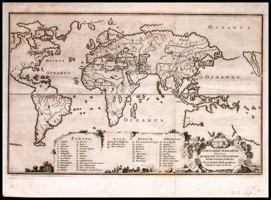 1671 Map of the World.: Attributed via 2005 Auction Catalogue to J. Moxon with the the title "Totius Orbis Terrarum, ejusque post diluvium divisio inter filios Noachi", published in London 1671? Dimensions: 8.25" x 13." Cond