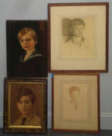 4 Portraits of Boys. 2 O/C & 2 MIELZINER Drawings.: O/C boy in tie, unframed, unsigned but great quality painting, 14" high x 11" wide. O/C boy in sailor suit, unframed, unsigned, 20" high x 14.5" wide. Leo Mielziner charcoal drawing of boy in tie, sig