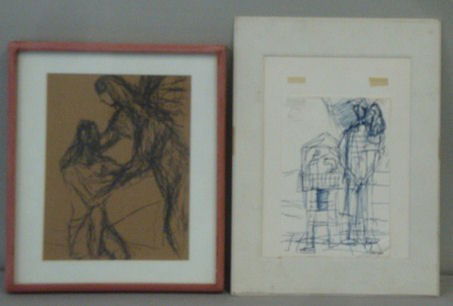 MENKES, Sigmund (Zygmunt). 2 Ink Drawings on Paper.: One unframed, loose in mat-unhinged, old hinges visible, creases to lower right corner that bears signature. Other is unsigned, attributed to Menkes, drawing of same subject verso. Sigmund Menkes, Pol