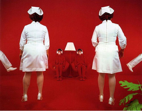 SKOGLUND, Sandy. "Patients and Nurses" Signed 1982: Color Photograph. Signed by the artist with ink inscribed dedication verso: "4-30-82 Dear Tina, Thank you so much for being in this picture. It was great fun working with you. Sandy." Sandy Skoglund,