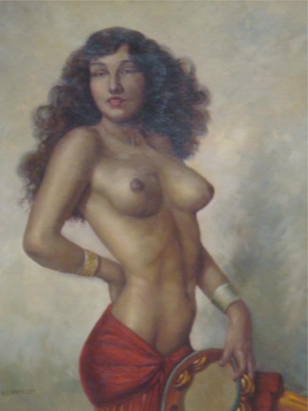 HERRFELDT, Marcel H. O/C of Nude with Castanets.: Signed lower left. Marcel Renee Herrfeldt, French, 1890 - 1965. From a Mamaroneck home. Dimensions: 20" high x 16" wide. Condition: Good.