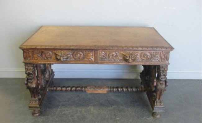 HORNER Carved Oak Partners Desk with Full: Griffins. From a Greenwich, CT home. Dimensions: 54" wide x 34" x 30" high.
