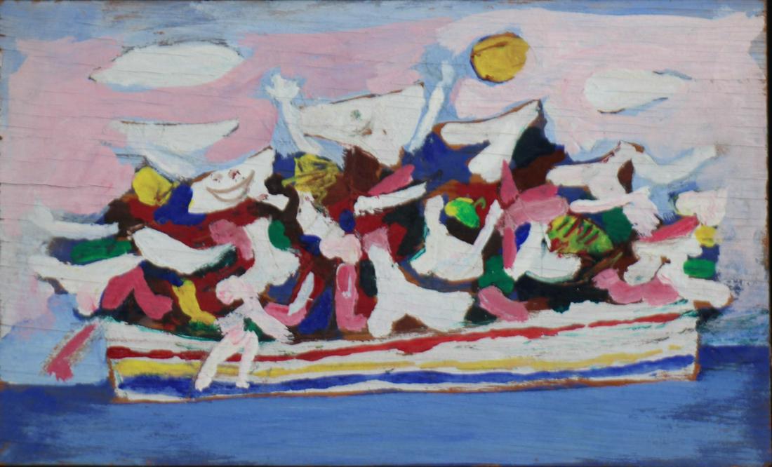 ROBERT GOODNOUGH (AMERICAN, 1917-2010).: Watercolor and Liquitex on board. "Figures in a Boat". 1963. b.c. holland gallery label affixed verso. From a New York collection. - Dimensions: 5.75" high x 9.5" wide