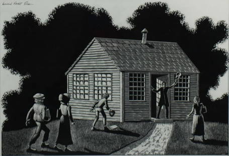 LEONARD EVERETT FISHER (AMERICAN, b. 1924).: Scratchboard. Illustration from "The School". Signed upper left. Initialed lower right. From a New Jersey collection. - Dimensions: Sight: 10" high x 14.5" wide