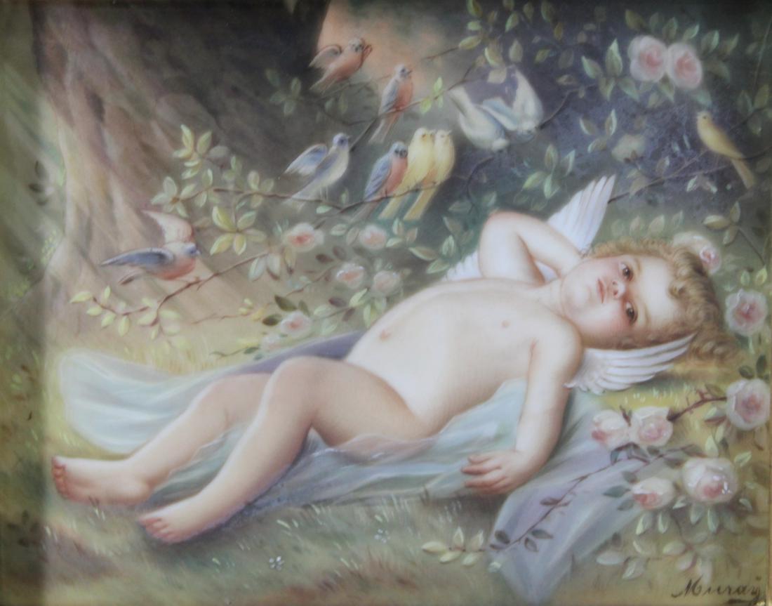K.P.M. Signed & Marked Porcelain Plaque: Artist signed and KPM incised mark on back. From a Mamaroneck NY estate. - Dimensions: 4.5" x 4" & Frame 14" x 10"