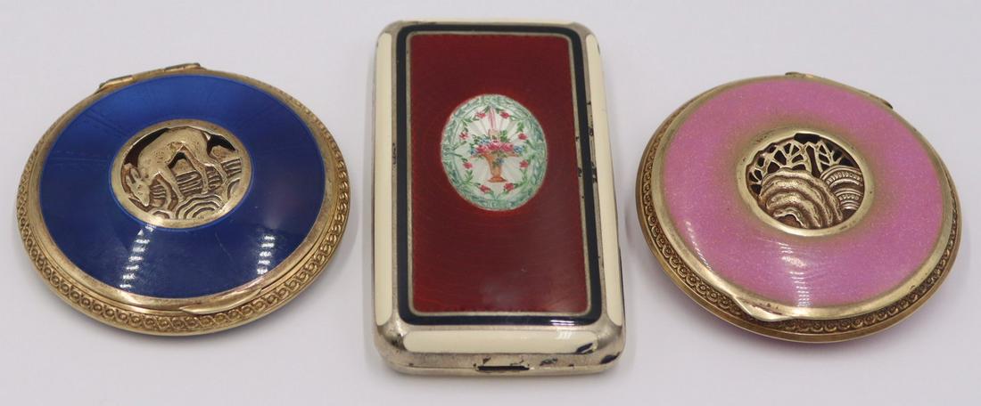 SILVER. (3) Silver Compacts Inc. Alphonse Debain.: Includes a signed Alphonse Debain gilt silver and pink enamel hinged compact with mirrored interior and beautiful openwork circular pendant of foliate design to top - with interior maker's mark of Alp