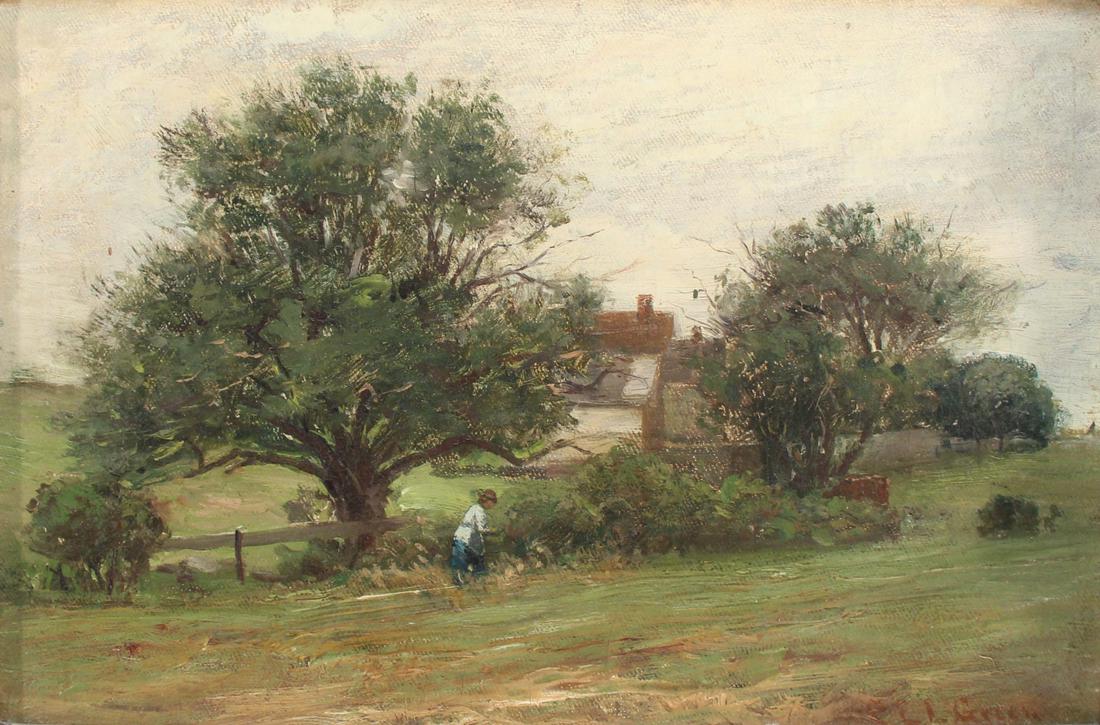 CHARLES EDWIN LEWIS GREEN (AMERICAN, 1844-1915).: Oil on canvas. Landscape. Signed lower right. From a Mamaroneck, NY collection. - Dimensions: 8" high x 12.25" wide