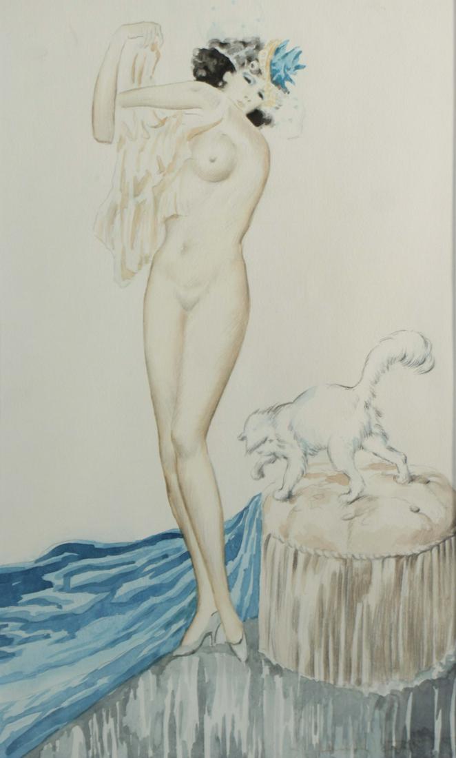 SIGNED LOUIS ICART: Watercolor. Nude. Signed lower right. From a New Jersey collection. - Dimensions: 17.5" high x 10.5" wide
