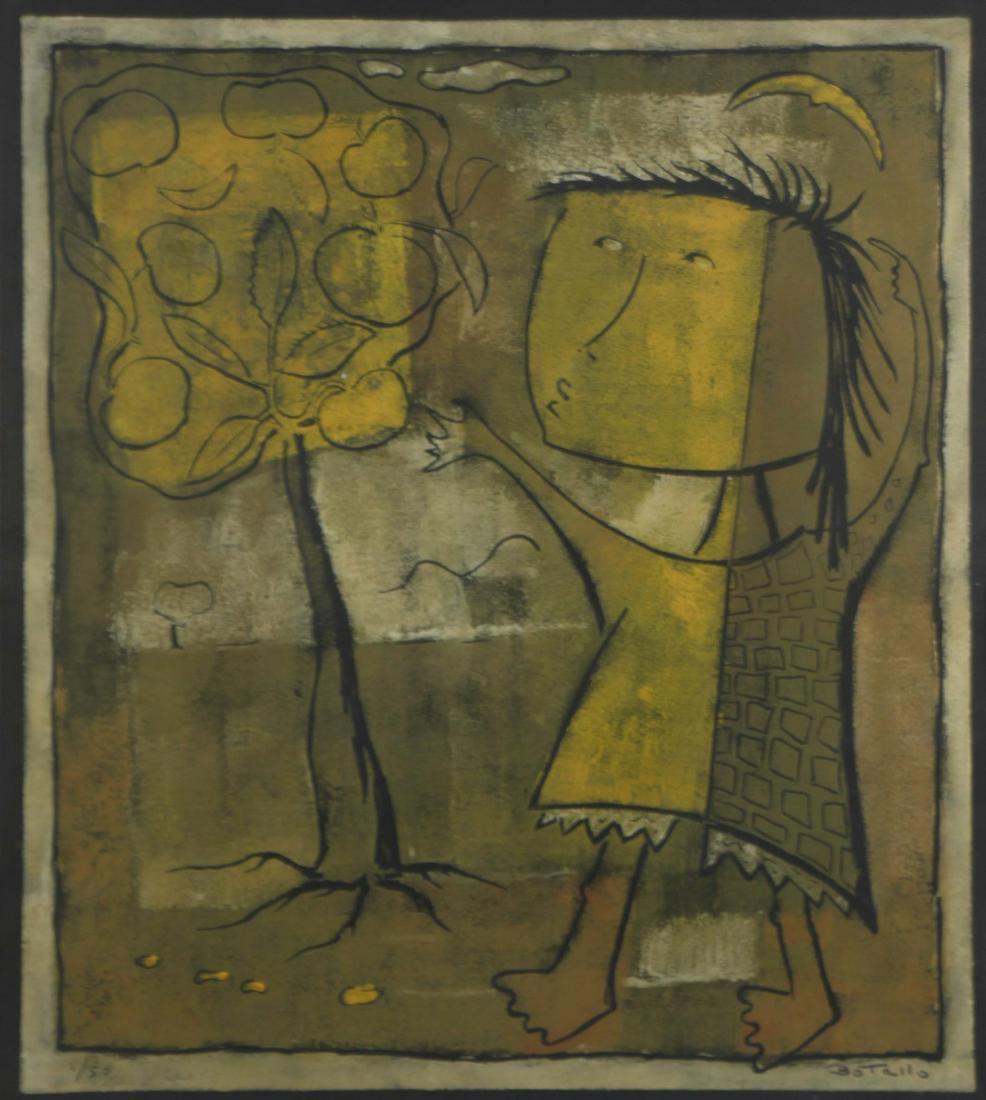 ANGEL BOTELLO (PUERTO RICAN, 1913-1986).: Linocut. Figure with Tree. Signed lower right. No. 1 from an edition of 50. From a Hartsdale, NY collection. - Dimensions: Sight: 19.5" high x 17.75" wide