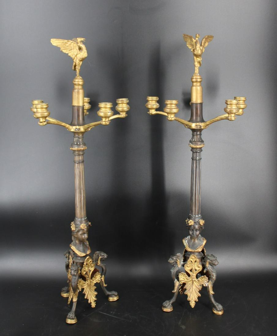 A Vintage Pair Of Patinated And Gilt Bronze: Tall Candelabra. From a Westchester NY estate. - Dimensions: 37" H