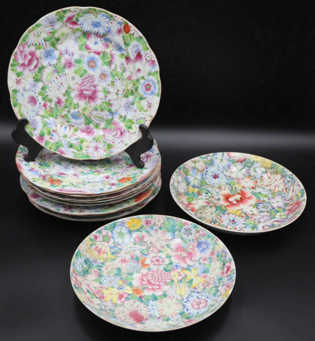 Grouping of Chinese Famille Rose Mille Fiore: Porcelain. Includes (10) Chinese Famille Rose Mille Fiore plates with slightly shaped edges - 6-character Qianlong mark to underside. Accompanied by a Chinese Famille Rose Mille Fiore bowl, 6-characte