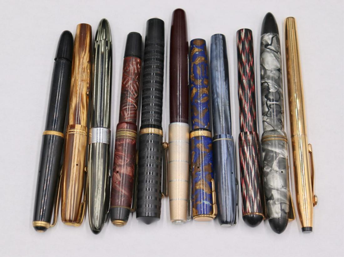 JEWELRY. (9) Vintage Fountain Pens with Gold Nibs: Including a Watermans Ideal fountain pen with a 14kt yellow gold nib; a Morrison's fountain pen with a 14kt white gold nib; an Imperial fountain pen with a14kt yellow gold nib; a Kaweco Dia 802 G foun