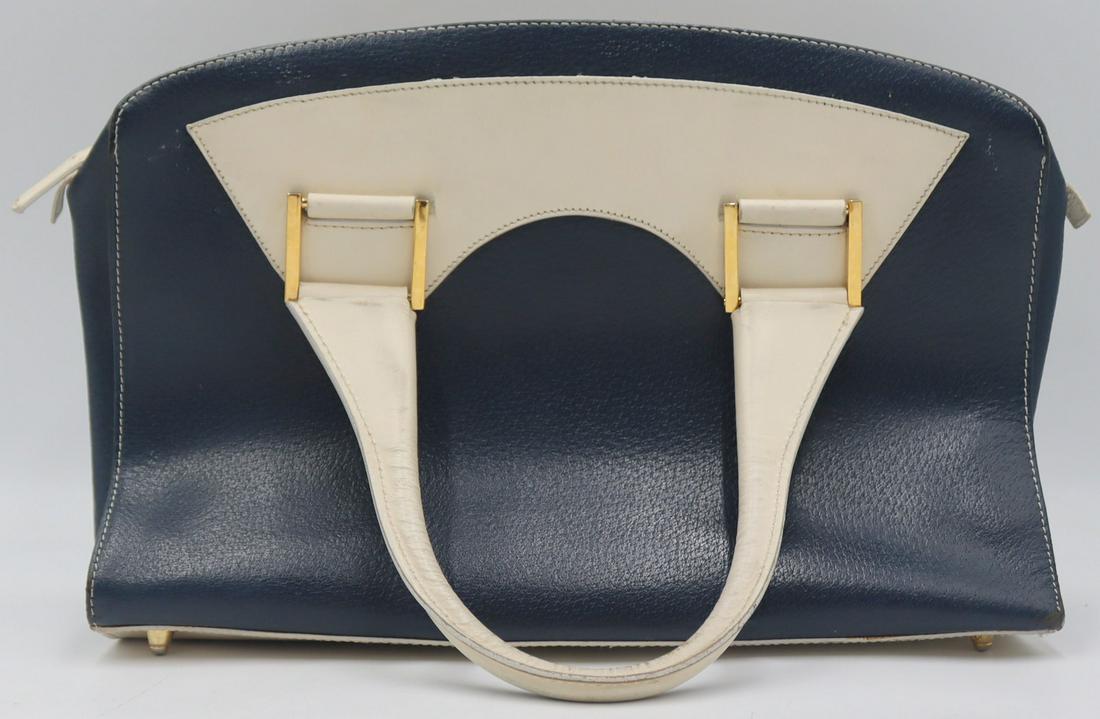 COUTURE. Fendi Blue and White Leather Bowler Bag.: Fendi blue leather bowler bag with white leather accents and handles, and gold-tone hardware. Interior plaque inscribed, "Fendi Made in Italy". From a Larchmont, NY estate. Dimensions: purse