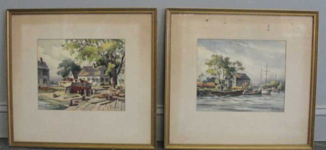 HARE, John. Pair of Watercolors.: Each signed. John Cuthbert Hare, American, Massachusetts, 1908-1978. From a Flushing, NY location. Dimensions: 9.75" high x 11.75" wide.