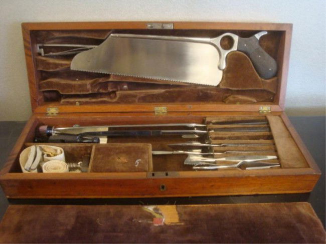 Civil War? Confederate Doctors Kit in Original: Fitted Locking Mahogany. Purchased in New Orleans. Box. Engraved CSA on brass plaque. We have been alerted to the possibility that this may be a good quality reproduction. With key. From the personal