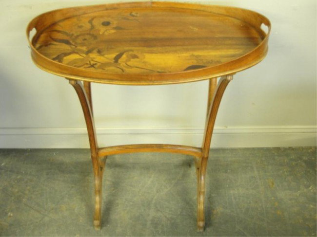 Art Nouveau Inlaid Tray Top Table.: From a Westchester, NY collector. Dimensions: 27.5" x 16" x 32.5" high. Condition: Good.