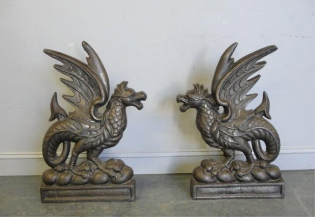 Signed Victorian Dragon Cast Iron Andirons.: Signed Charles D. Phillips, Gloucester. Charles D. Phillips, British Engineer and Iron Works, 1831-1912. From a Hunterdon County, New Jersey home. Dimensions: 2 feet high. Condition: Good.