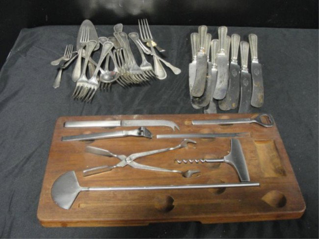 Lot of Poss. 800 Silver & Georg Jensen Silverplate: Bar Set on Wood Tray. Jensen set is missing 1 piece. From a Bronxville home.