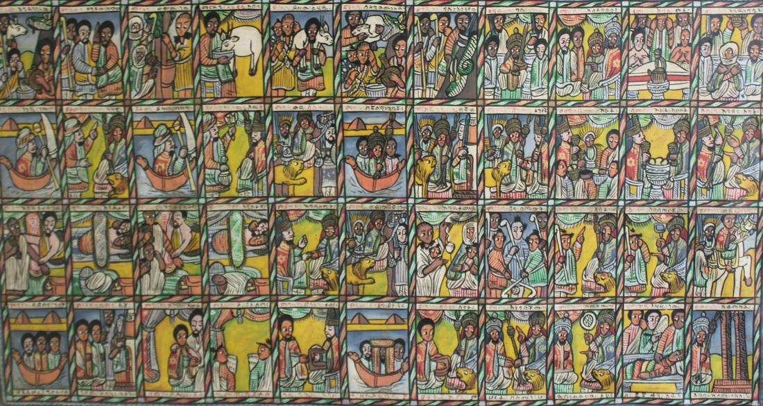 Large Antique Ethiopian Oil On Canvas Painting: From a Brooklyn NY estate. - Dimensions: 37" x 49" Fr 31" x 54"